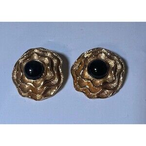 Gold Plated Black Lucite Musi Floral Shoe Clips